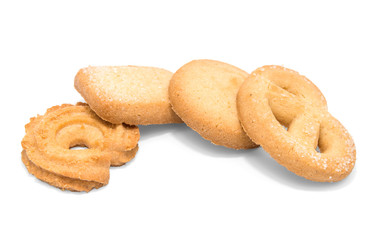 Danish butter cookies, butter cookies on white background.