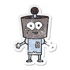distressed sticker of a happy cartoon robot