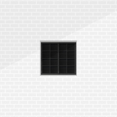 quiet room seen form outside window monochrome minimalist illustration concept. closed square window and clean white brick wall background vector design.