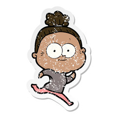distressed sticker of a cartoon happy old woman