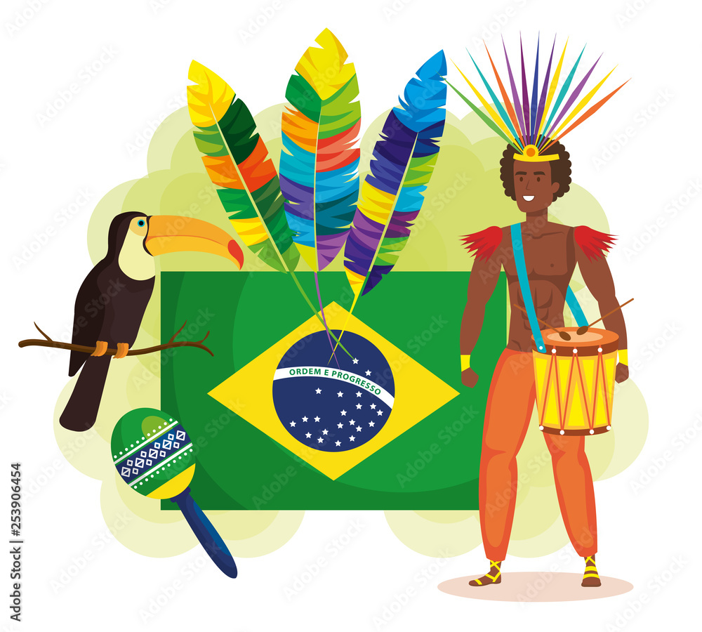 Wall mural brazilian dancer with flag and carnival icons