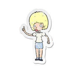 retro distressed sticker of a cartoon woman with idea