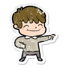 distressed sticker of a cartoon happy boy
