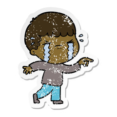 distressed sticker of a cartoon man crying