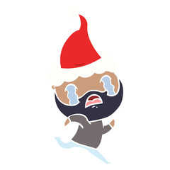 flat color illustration of a bearded man crying wearing santa hat