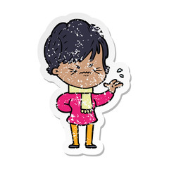 distressed sticker of a cartoon frustrated woman
