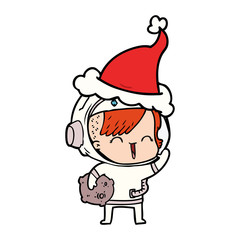 line drawing of a happy spacegirl holding moon rock wearing santa hat