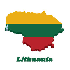 3D Map outline and flag of Lithuania, a horizontal triband of yellow green and red.