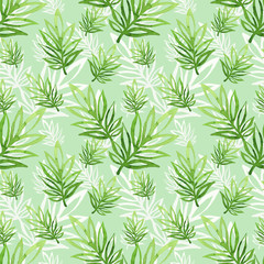 Fototapeta premium Green leaves seamless pattern. Floral background with golden-daisy flowers watercolor. Hand drawn painting. Sketch style. Botanical illustration for textile, print, paper and decoration.