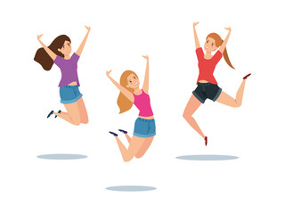 Fototapeta na wymiar power girls jumping celebrating characters