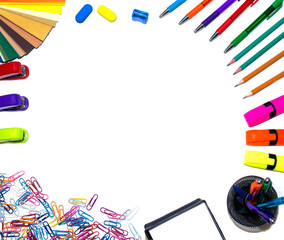 School supplies on white background. Stationery on white background