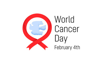 World Cancer day poster design with red ribbon, white pigeon and text.