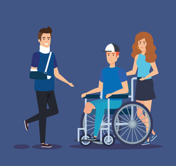Obraz premium man with hand fracture and person sitting in the wheelchair
