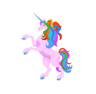Cartoon style funny unicorn with colorful hair on white backdrop