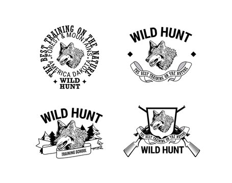 Hunter's club logo design collection with wolf head and decorate text in vintage style.
