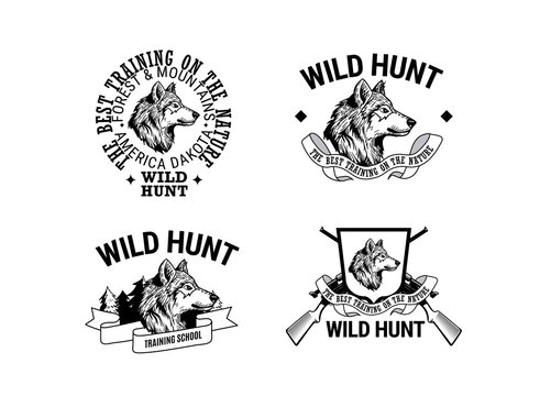 Hunter's club logo design collection with wolf head and decorate text in vintage style.