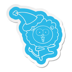 happy cartoon  sticker of a lion wearing santa hat