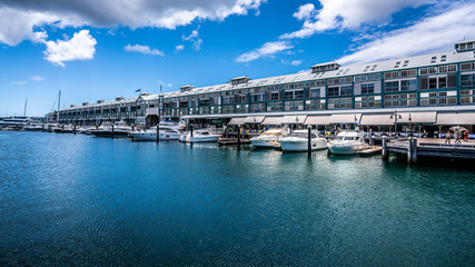 Woolloomooloo Finger Wharf and marina with yachts in Woolloomooloo bay Sydney NSW Australia
