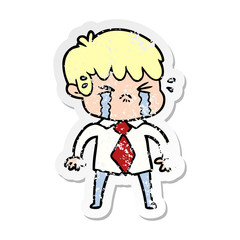 distressed sticker of a cartoon boy crying