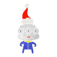 retro cartoon of a three eyed alien wearing santa hat