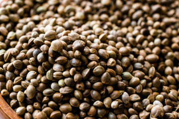 Stack of Organic Roasted Hemp Seeds.