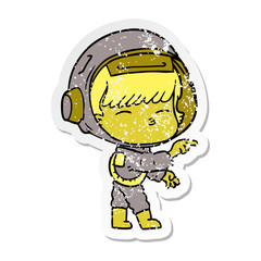 distressed sticker of a cartoon curious astronaut