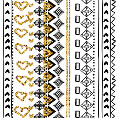 Pattern black and glitter on white background. Etnic tribal ornament surface design