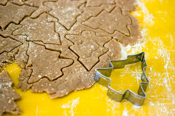Rolled dough with a Christmas tree shape cut out on it. Christmas cookies from chocolate dough....