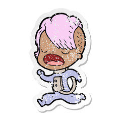 distressed sticker of a cartoon cool hipster girl in space suit