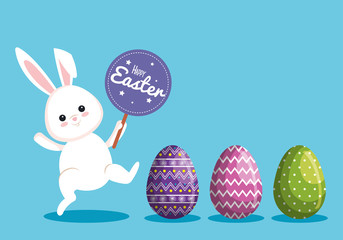 happy rabbit with sticker notice and easter eggs