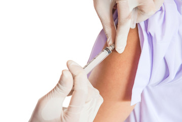 closeup of doctor injecting patient with syringe in the hospital . health care. isolated on white background of file with Clipping Path .