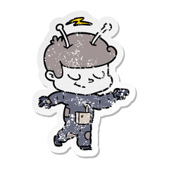 distressed sticker of a friendly cartoon spaceman pointing