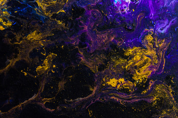 Creative blue violet gold abstract hand painted background wallpaper texture design close-up fragment stains of fluid acrylic watercolor oil painting picture canvas Modern Contemporary piece of art