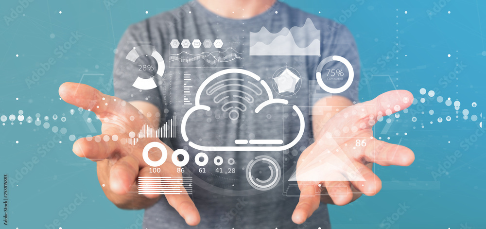 Poster businessman holding cloud and wifi concept with icon, stats and data 3d rendering