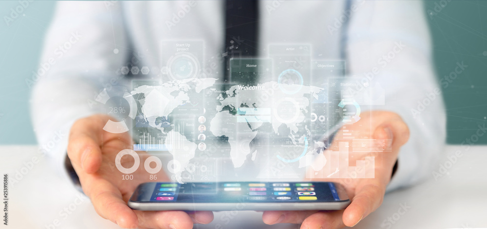 Poster businessman holding user interface screens with icon, stats and data 3d rendering