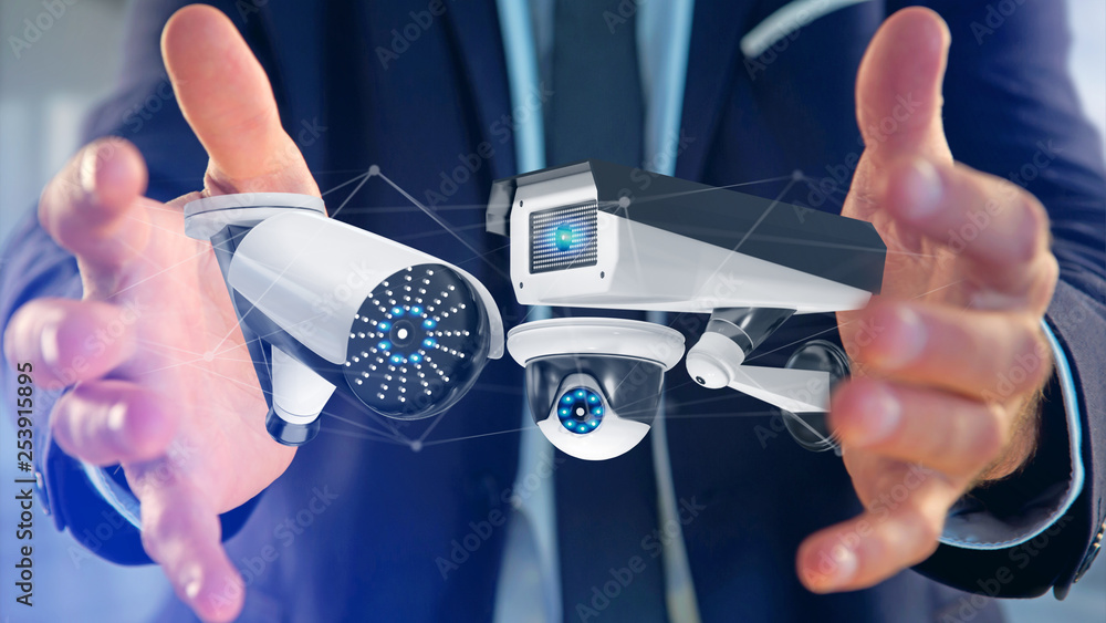 Poster businessman holding a security camera system and network connection - 3d rendering