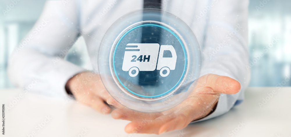 Poster businessman holding a fast delivery button with connection 3d rendering