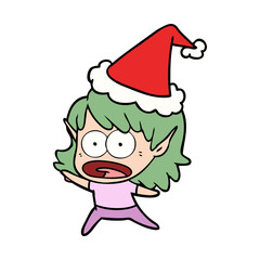 line drawing of a shocked elf girl wearing santa hat