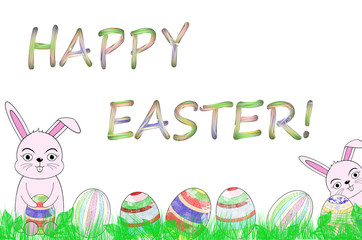 beautiful illustration with Easter eggs and a Bunny on a white background with the inscription 
