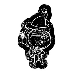 happy astronaut cartoon distressed icon of a wearing santa hat