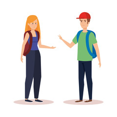 Fototapeta premium woman and man students talking with backpack