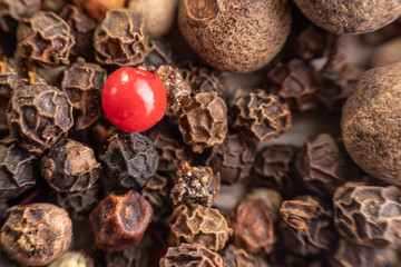 Peas, pepper mix, allspice close-up on wooden background