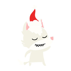 friendly flat color illustration of a wolf wearing santa hat