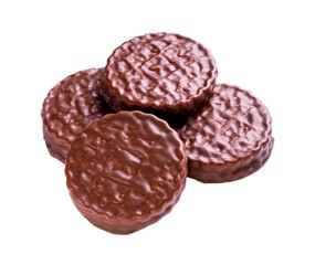 Round cookies with white chocolate filling on white background