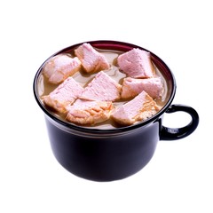 Coffee with milk and marshmallow in a dark cup