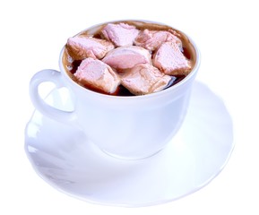 Coffee with milk and marshmallow in a white cup