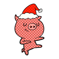 happy comic book style illustration of a pig dancing wearing santa hat