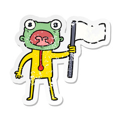 distressed sticker of a cartoon weird alien with flag