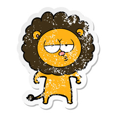 distressed sticker of a cartoon bored lion