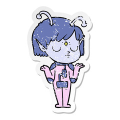 distressed sticker of a cartoon alien girl